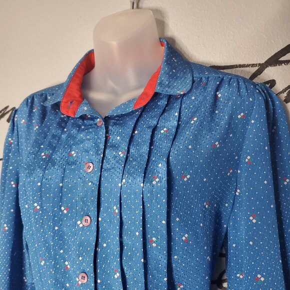 Vintage 80s Schrader Sport Blue Patterned Day Dress, Shirt Dress, 12 - Picture 3 of 8